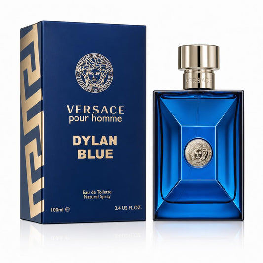 Versace Dylan Blue — rounded aqua-blue glass bottle held in 