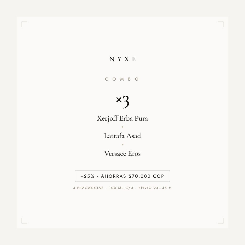 Combo x3 · Xerjoff Erba Pura + Lattafa Asad + Versace Eros