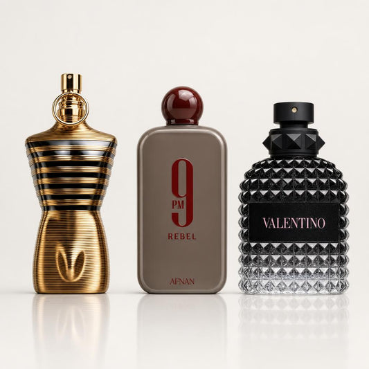 Combo x3 · Jean Paul Gaultier Le Male Elixir + Afnan 9PM Rebel + Valen