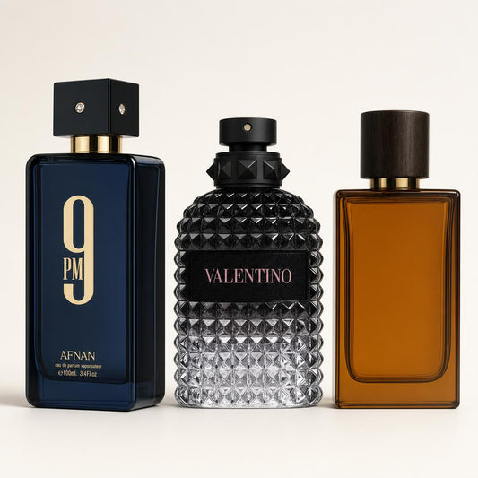 Combo x3 · Afnan 9PM + Valentino Uomo Born in Roma + Maison Alhambra Liquid Brun