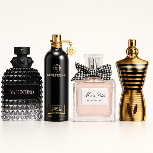 Combo x4 · Valentino Uomo Born in Roma + Montale Tonka Intense + Dior Miss Dior + Jean Paul Gaultier Le Male Elixir