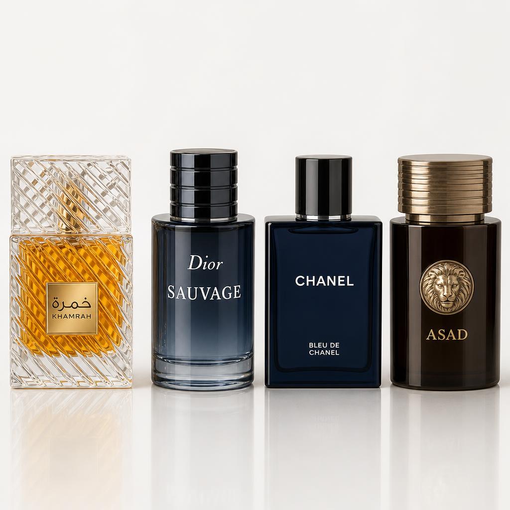 Combo x4 · Lattafa Khamrah + Dior Sauvage + Chanel Bleu de Chanel + La