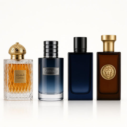 Combo x4 · Lattafa Khamrah + Dior Sauvage + Chanel Bleu de Chanel + La