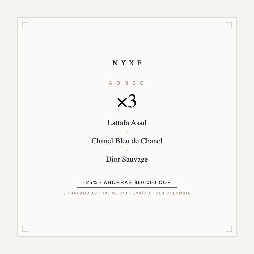 Combo x3 · Lattafa Asad + Chanel Bleu de Chanel + Dior Sauvage