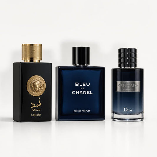 Combo x3 · Lattafa Asad + Chanel Bleu de Chanel + Dior Sauvage
