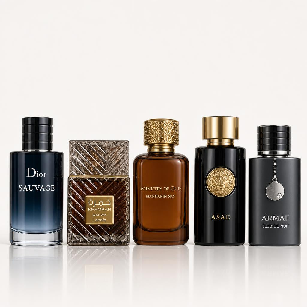 Combo x5 · Dior Sauvage + Lattafa Khamrah Qahwa + Ministry of Oud Mand