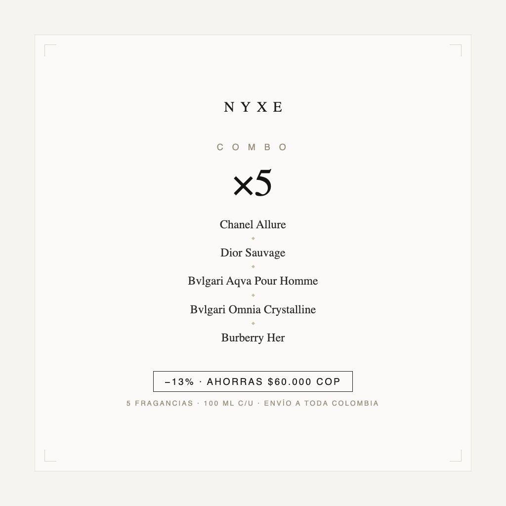 Combo x5 · Chanel Allure + Dior Sauvage + Bvlgari Aqva Pour Homme + Bv