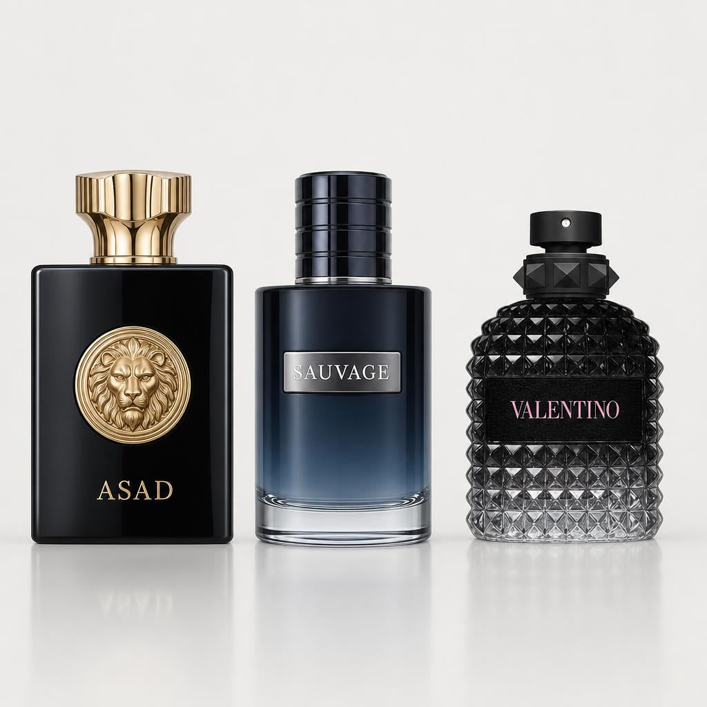 Combo x3 · Lattafa Asad + Dior Sauvage + Valentino Uomo Born in Roma