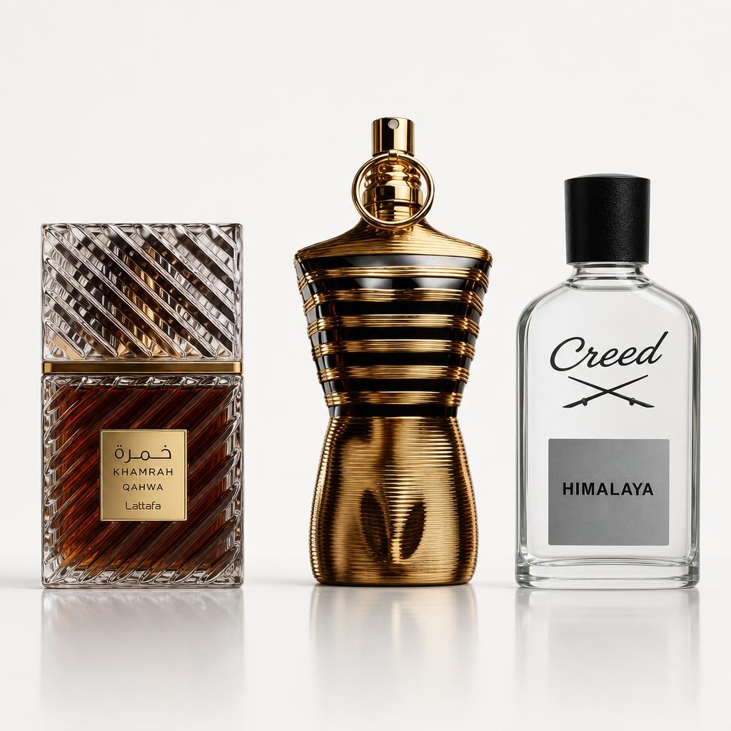 Combo x3 · Lattafa Khamrah Qahwa + Jean Paul Gaultier Le Male Elixir +