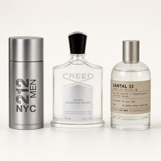 Combo x2 · Carolina Herrera 212 Men NYC + Creed Silver Mountain Water (con Santal 33)