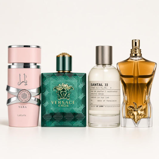 Combo x2 · Lattafa Yara + Versace Eros (con Santal 33 y Le Beau)