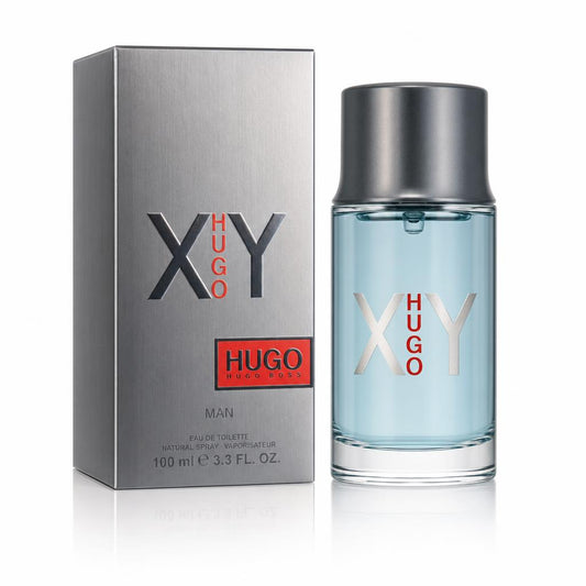 Hugo XY by Hugo Boss — tall clear rectangular bottle with pa